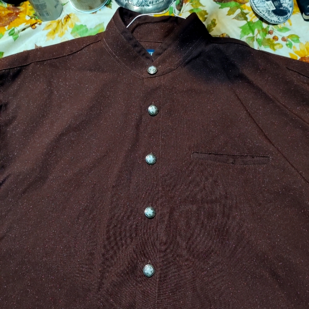 Montique size Large men's brown button down shirt with Mandarin collar